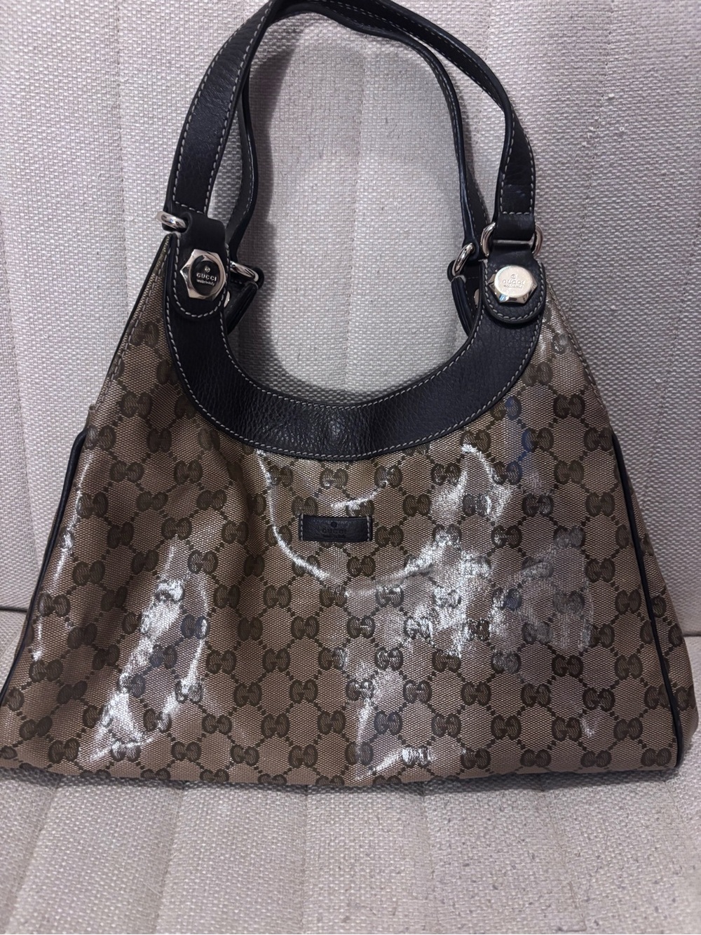 Gucci Brown GG Canvas Shoulder Bag with Black Leather Trim